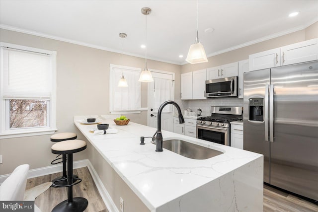 kitchen featuring a sink, stainless steel appliances, ornamental molding, and light wood finished floors