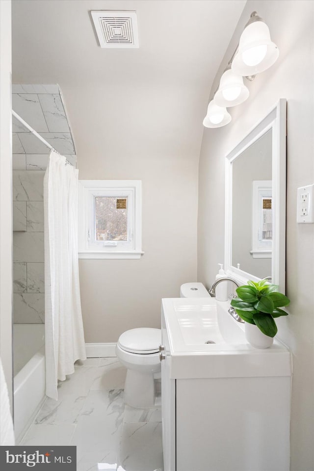 bathroom featuring visible vents, baseboards, toilet, marble finish floor, and vanity