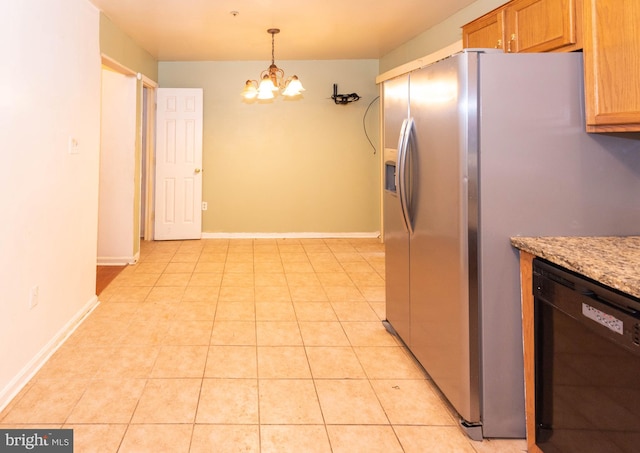 kitchen featuring light tile patterned floors, baseboards, black dishwasher, and stainless steel fridge with ice dispenser