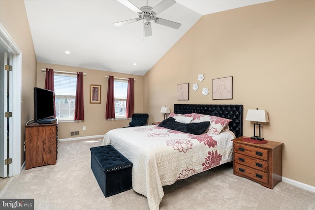 bedroom featuring high vaulted ceiling, carpet flooring, baseboards, and ceiling fan