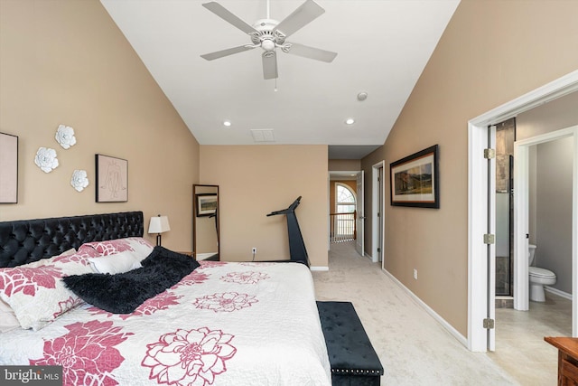 bedroom featuring recessed lighting, baseboards, light colored carpet, and high vaulted ceiling