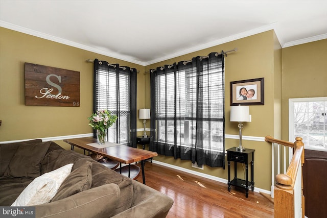 living area featuring hardwood / wood-style flooring, baseboards, and ornamental molding