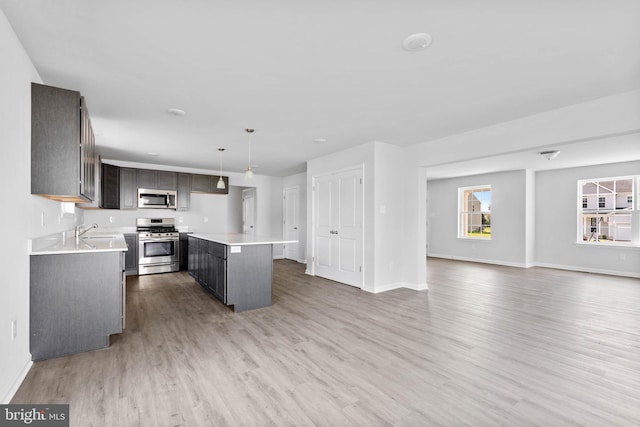 kitchen with light wood-type flooring, a sink, open floor plan, stainless steel appliances, and light countertops