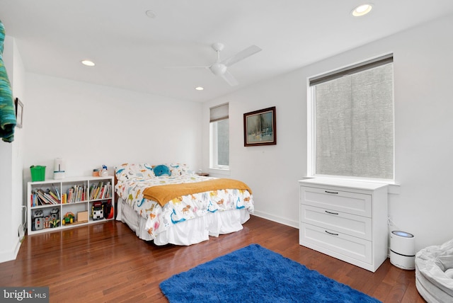 bedroom with recessed lighting, wood finished floors, and a ceiling fan