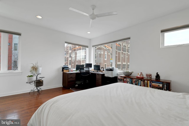 bedroom with recessed lighting, baseboards, dark wood finished floors, and a ceiling fan