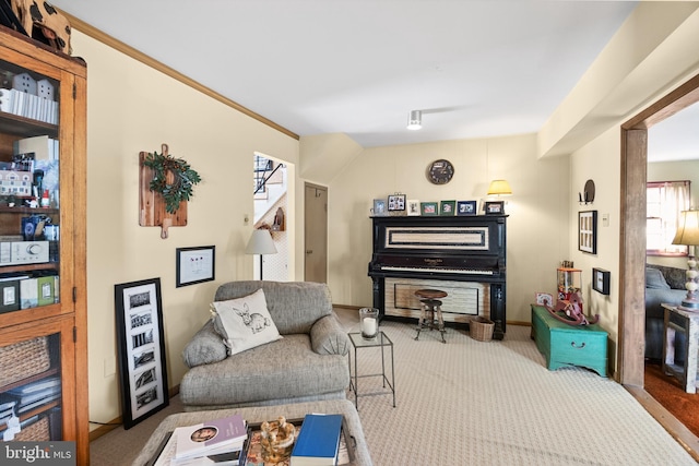 sitting room featuring carpet flooring and baseboards