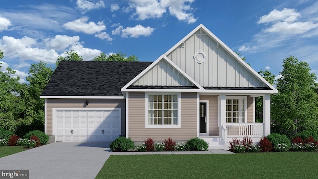 view of front of home with board and batten siding, covered porch, concrete driveway, a front yard, and a garage