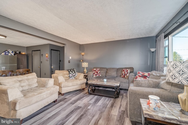 living room featuring a textured ceiling and wood finished floors