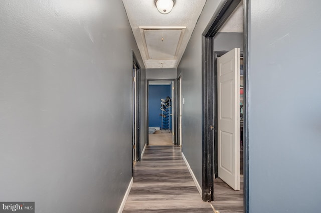 corridor featuring attic access, wood finished floors, baseboards, and a textured ceiling