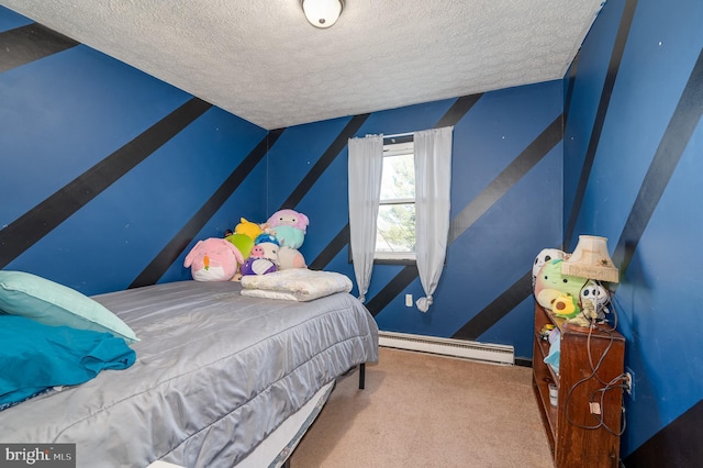 bedroom with carpet flooring, a textured ceiling, a baseboard heating unit, and vaulted ceiling