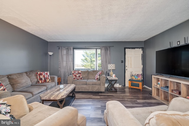 living room with wood finished floors, baseboards, and a textured ceiling