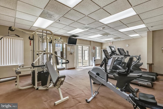 gym with carpet, a paneled ceiling, and baseboards