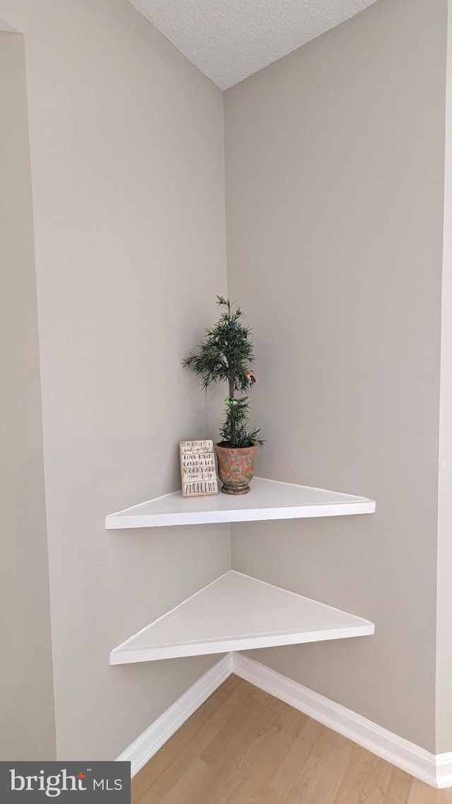 room details featuring wood finished floors, baseboards, and a textured ceiling