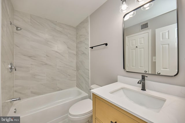 full bath with visible vents, toilet,  shower combination, and vanity