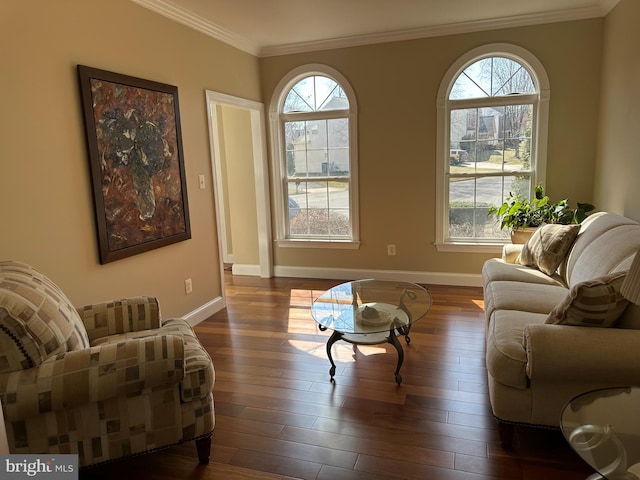 living room with a healthy amount of sunlight, dark wood finished floors, and crown molding