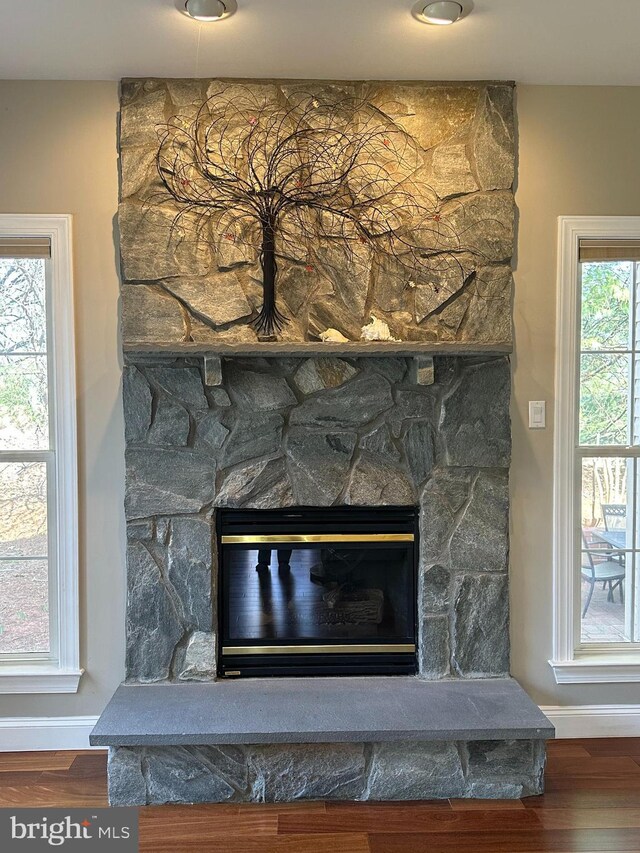 room details featuring a stone fireplace, wood finished floors, and baseboards