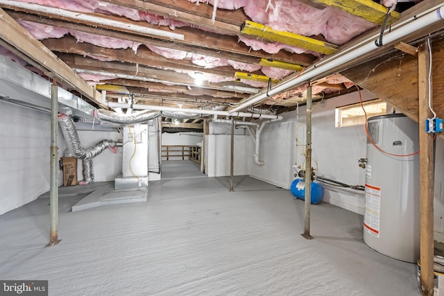 unfinished basement with heating unit and water heater