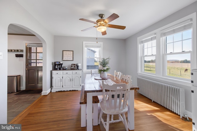 1175 Letort Rd, Conestoga, PA 17516 - dining space with radiator heating unit, arched walkways, ceiling fan, and dark wood-type flooring
