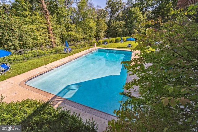 view of pool featuring a yard, fence, and a fenced in pool