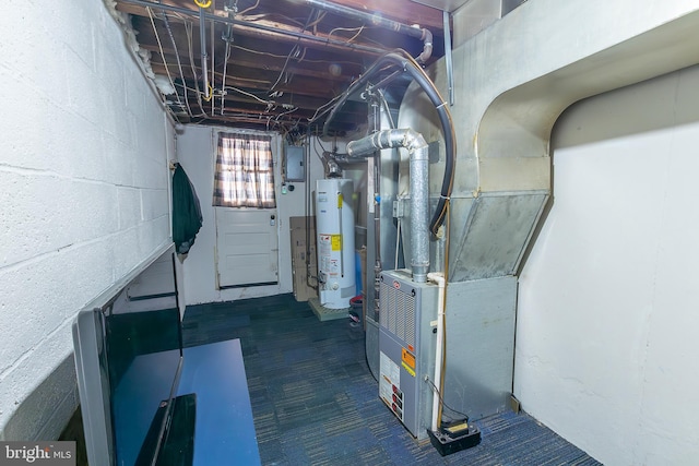 utility room featuring electric panel and water heater