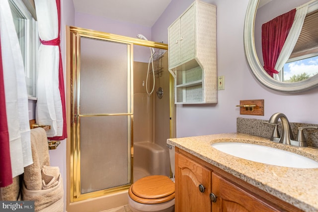 bathroom with toilet, a stall shower, and vanity