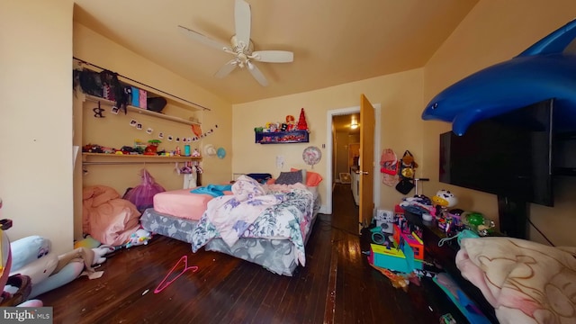 bedroom with a ceiling fan and wood finished floors