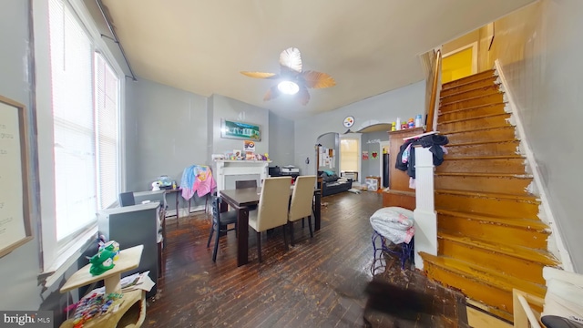 dining room featuring a wealth of natural light, arched walkways, hardwood / wood-style flooring, and ceiling fan