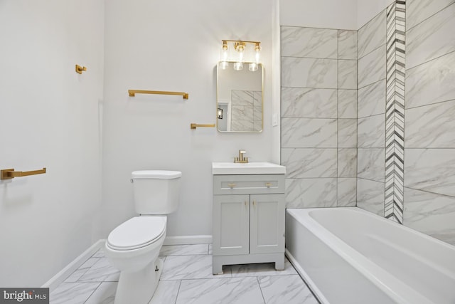 bathroom featuring vanity, toilet, baseboards, and marble finish floor