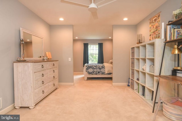 bedroom featuring recessed lighting, baseboards, and light colored carpet