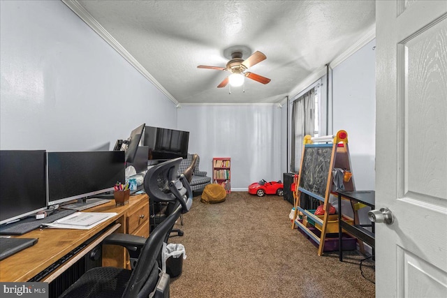 carpeted office featuring a textured ceiling, ceiling fan, and ornamental molding