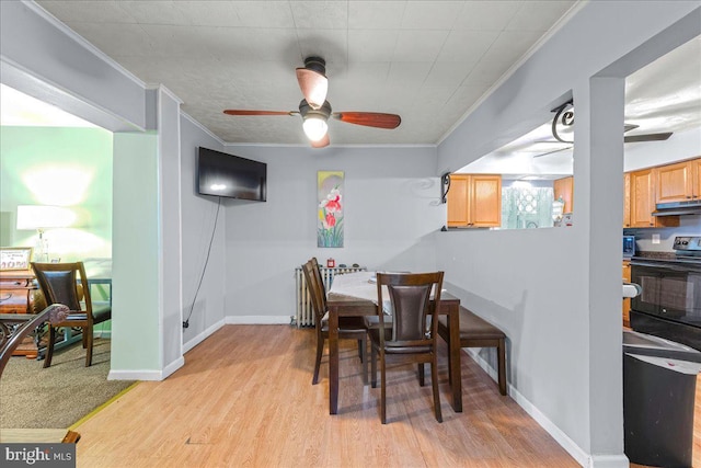 dining room with baseboards, crown molding, light wood-style floors, and a ceiling fan