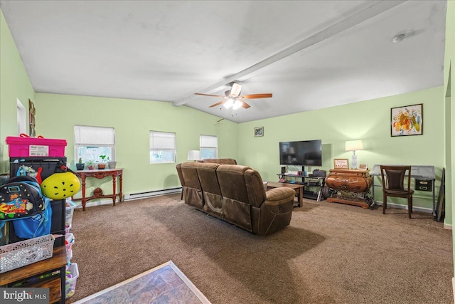 living area featuring a baseboard radiator, lofted ceiling with beams, a ceiling fan, and carpet floors