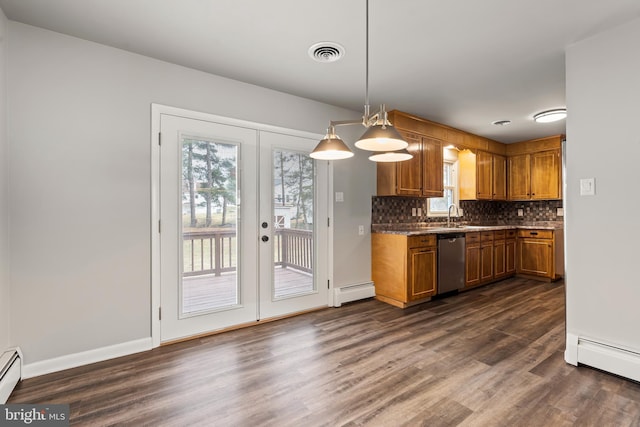 kitchen with brown cabinetry, visible vents, decorative backsplash, stainless steel dishwasher, and a baseboard heating unit