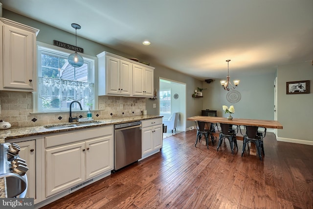 kitchen featuring a sink, dark wood-type flooring, white cabinets, dishwasher, and backsplash