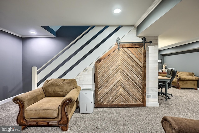 living area featuring carpet, a barn door, recessed lighting, stairs, and crown molding