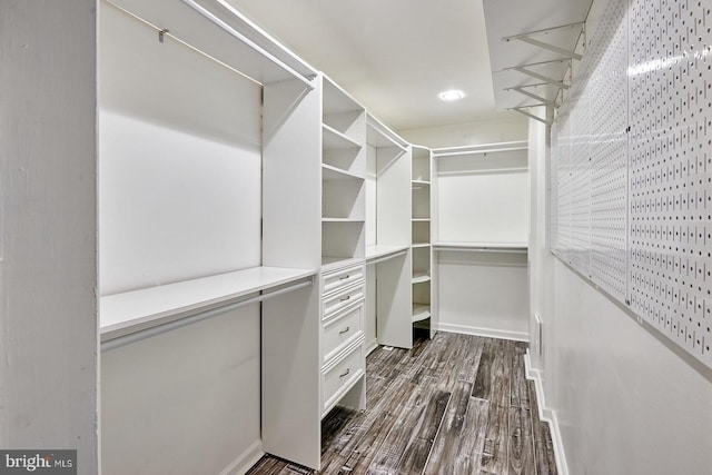 walk in closet featuring dark wood-style flooring