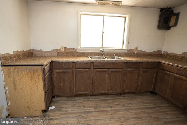 kitchen featuring light wood finished floors, brown cabinets, a textured ceiling, and a sink