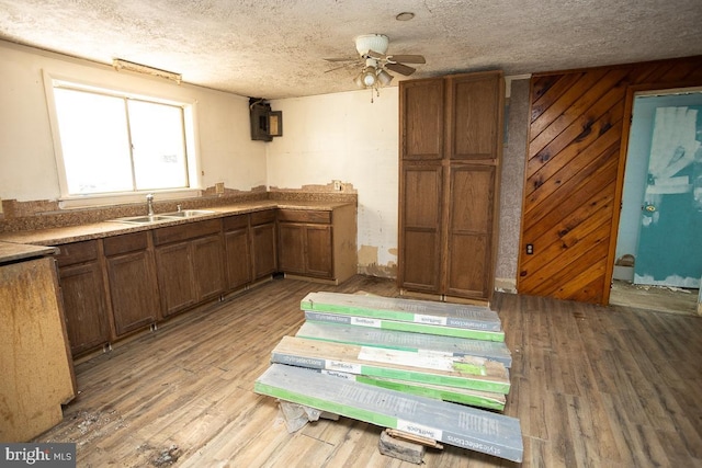 kitchen with ceiling fan, light wood-style flooring, brown cabinetry, a textured ceiling, and a sink