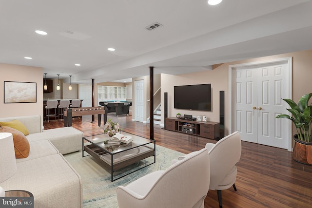 9 Quaker St, Chesterfield, NJ 08515 - living room with stairway, recessed lighting, visible vents, pool table, and wood finished floors
