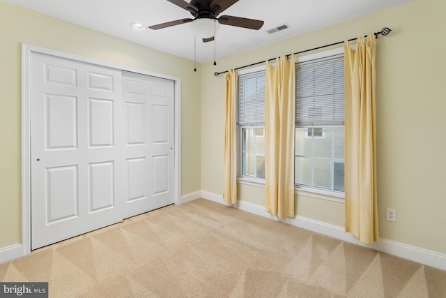 9 Quaker St, Chesterfield, NJ 08515 - unfurnished bedroom featuring carpet, baseboards, ceiling fan, visible vents, and a closet