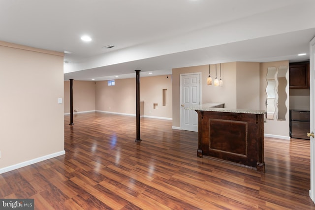 9 Quaker St, Chesterfield, NJ 08515 - finished basement with recessed lighting, baseboards, a dry bar, dark wood-style floors, and visible vents