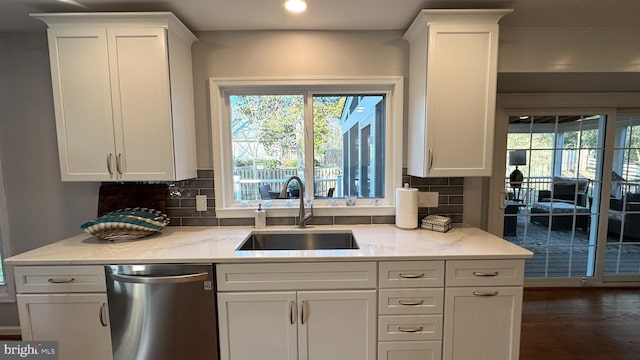 kitchen featuring a sink, white cabinetry, and stainless steel dishwasher