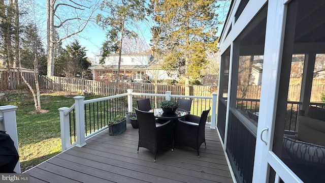 deck with a yard, outdoor dining space, and a fenced backyard