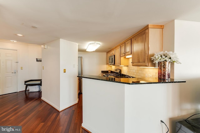 kitchen featuring dark wood-type flooring, stainless steel appliances, a peninsula, decorative backsplash, and baseboards