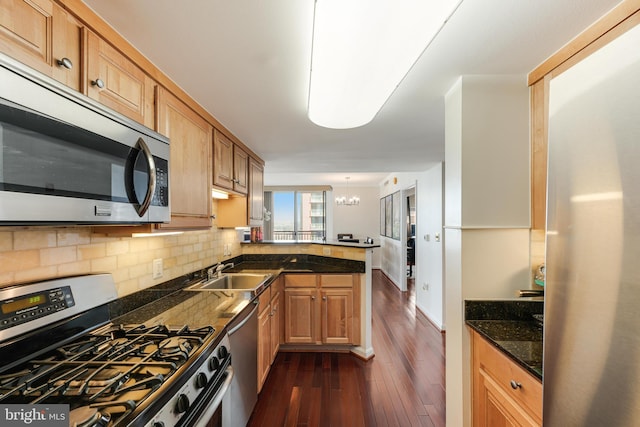 kitchen with backsplash, dark wood-type flooring, appliances with stainless steel finishes, a peninsula, and a sink