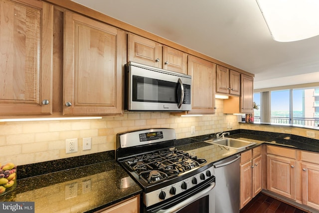 kitchen featuring tasteful backsplash, appliances with stainless steel finishes, a peninsula, dark wood-style floors, and a sink