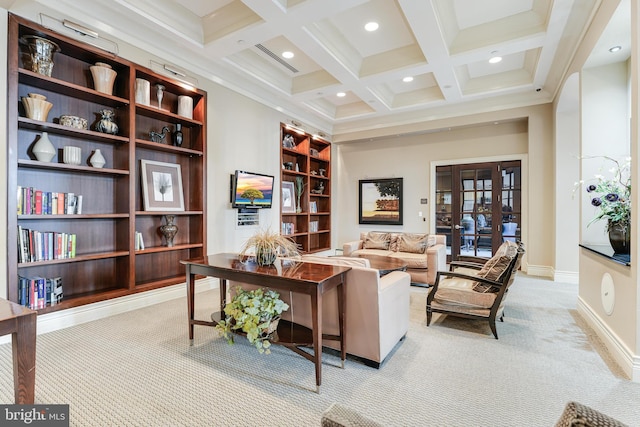 living area featuring recessed lighting, beamed ceiling, light carpet, and coffered ceiling