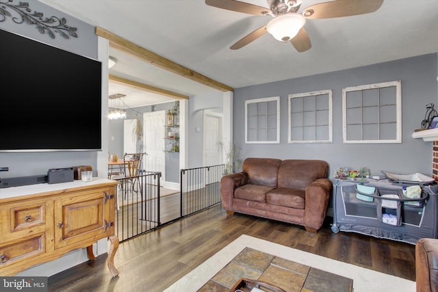 living area featuring ceiling fan with notable chandelier and wood finished floors