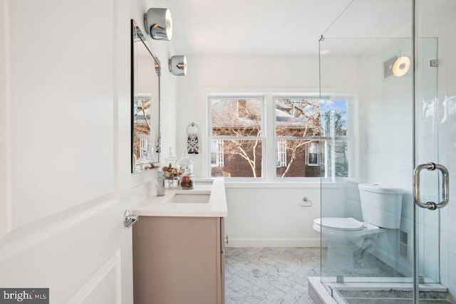 full bath with visible vents, toilet, a stall shower, marble finish floor, and vanity