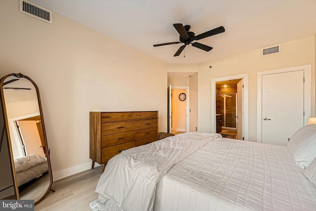 bedroom featuring visible vents, light wood-style flooring, a ceiling fan, and baseboards